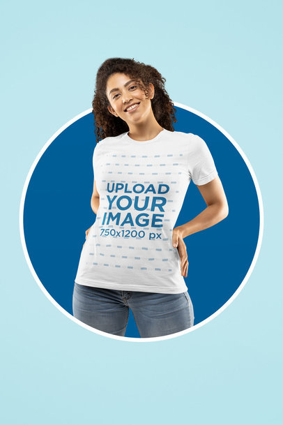 Bella Canvas T-Shirt Mockup Featuring a Curly-Haired Woman and a Gradient Background