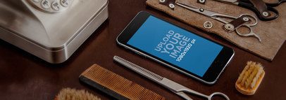 Wide Mockup of an iPhone 6 at a Barber Shop