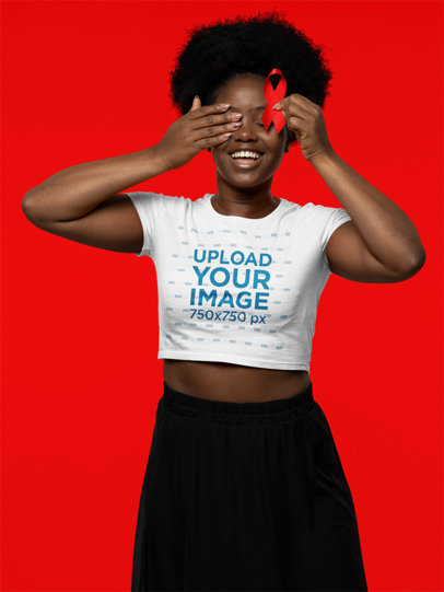 Crop Top Mockup Featuring a Woman Holding a Red Ribbon in Support of AIDS Awareness Day