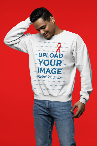 Sweatshirt Mockup Featuring a Happy Man With a Red Ribbon for AIDS Awareness 