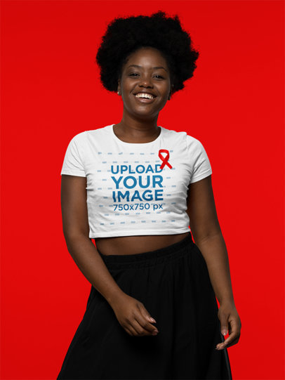 Crop Top Mockup of a Happy Woman Wearing a Red Ribbon for World AIDS Day