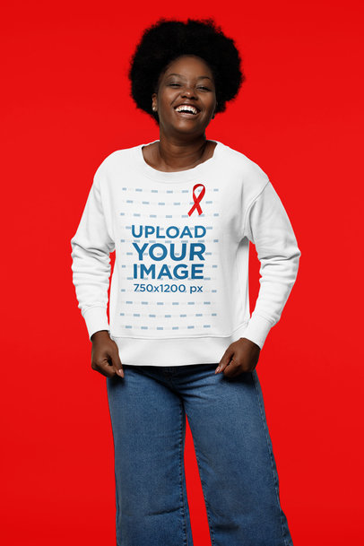 Mockup of a Smiling Woman Wearing a Sweatshirt with a Red Ribbon
