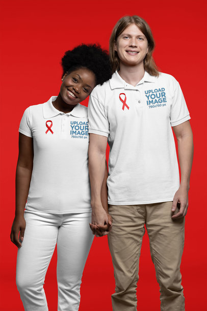 Polo Shirt Mockup Featuring a Young Couple Wearing AIDS Awareness Ribbons 