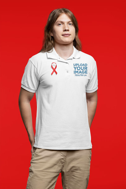 Polo Shirt Mockup of a Long-Haired Man With an AIDS Awareness Ribbon