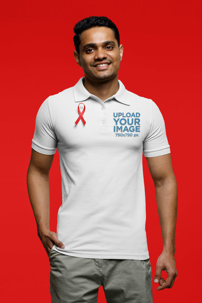 Polo Shirt Mockup Featuring a Man Wearing an Awareness Ribbon at a Studio