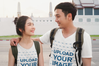 Tank Top and Tee Mockup Featuring a Young Couple Looking at Each Other