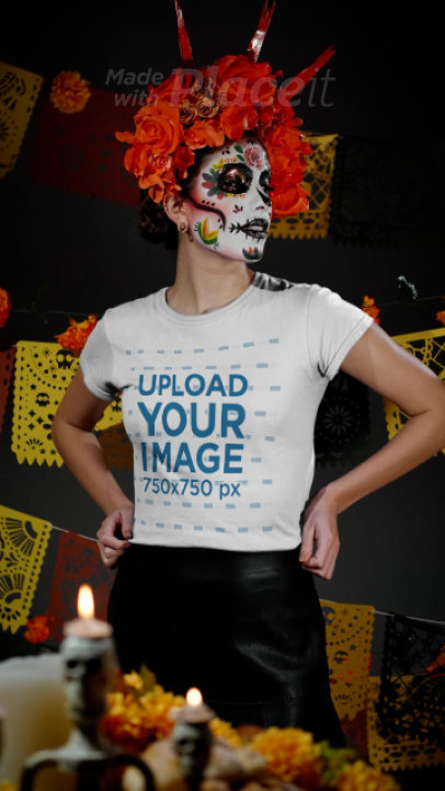 T-Shirt Video Featuring a Woman Wearing a Flower Crown for Día de Muertos 