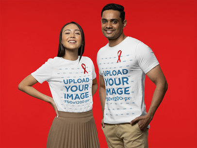 Basic T-Shirt Mockup Featuring a Woman and a Man Wearing Ribbons for World AIDS Day