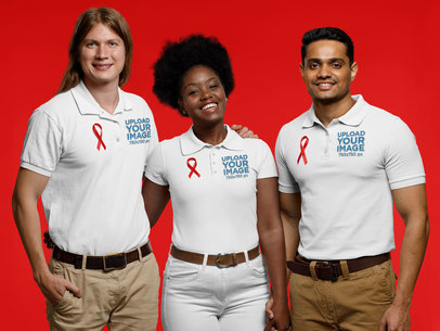 Polo Shirt Mockup Featuring Two Men and a Woman Wearing AIDS Awareness Ribbons 