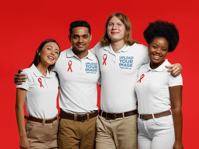 Polo Shirt Mockup Featuring a Group of Friends Wearing AIDS Awareness Ribbons 