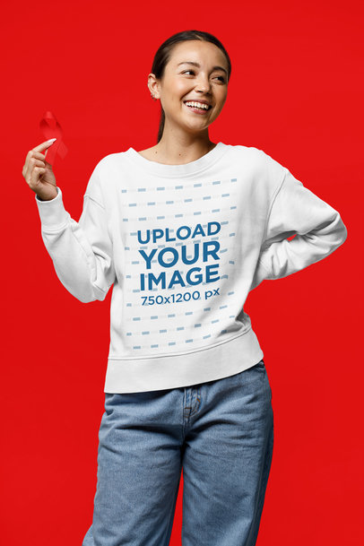 Sweatshirt Mockup Featuring a Woman and a Cancer Awareness Theme