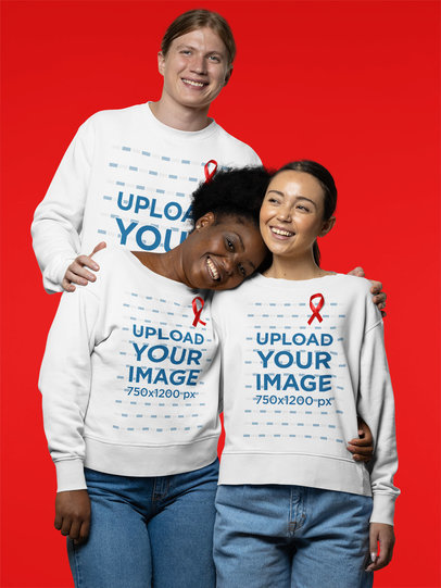 Sweatshirt Mockup of Three Friends Showing Their Support for Cancer Awareness Month