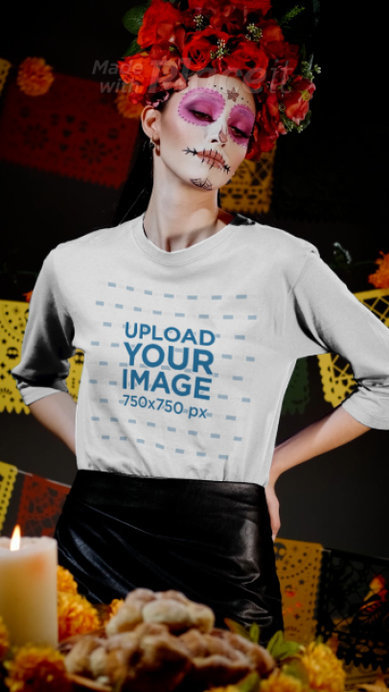 3/4 Sleeve T-Shirt Video of a Woman with Catrina Makeup for the Day of the Dead