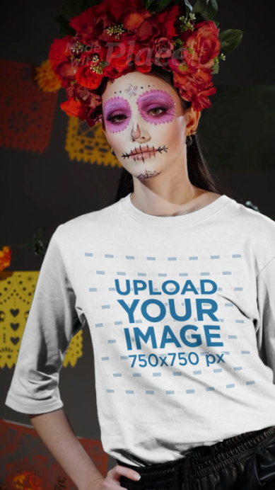 Day of the Dead Themed Video Featuring a Woman Wearing a 3/4 Sleeve Tee 