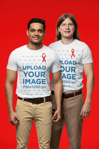 T-Shirt Mockup of Two Men Supporting Cancer Awareness