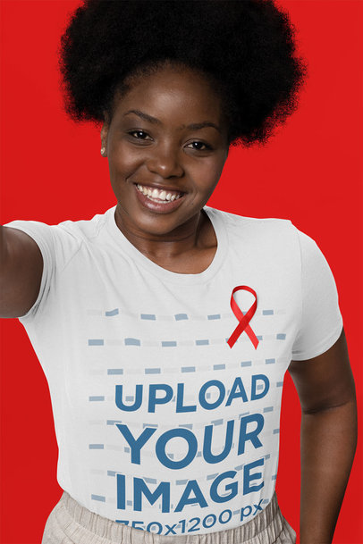 Selfie Mockup of a Woman Wearing a Bella Canvas Tee While Celebrating Cancer Awareness Month