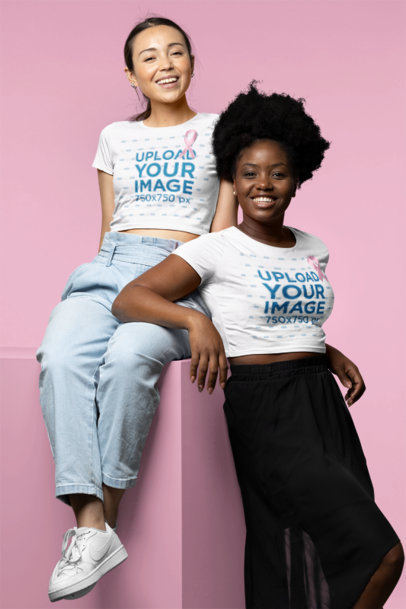 Cancer Awareness-Themed Mockup of Two Women Wearing Crop Tops