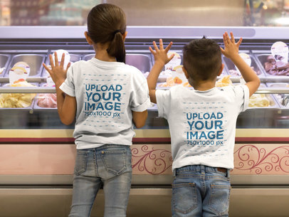 Two Kids Wearing T-Shirts Mockup Waiting for Ice Cream from the Back