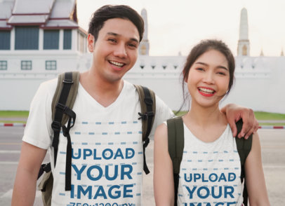 Heathered Tank Top and V-Neck Tee Mockup Featuring a Smiling Couple