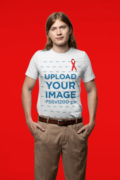Tee Mockup of a Man with Long Hair Wearing a Ribbon Supporting Cancer Awareness Month