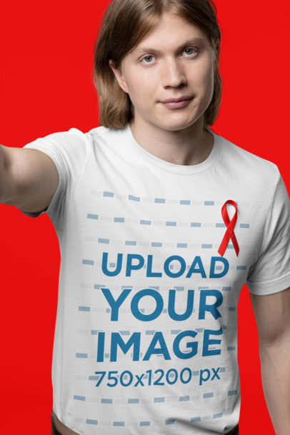 T-Shirt Mockup of a Man with a Cancer Awareness Supportive Ribbon Taking a Selfie 