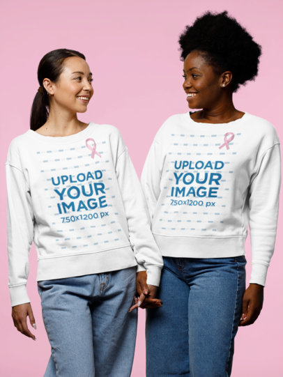 Sweatshirt Mockup of Two Women Wearing Cancer Awareness Ribbons