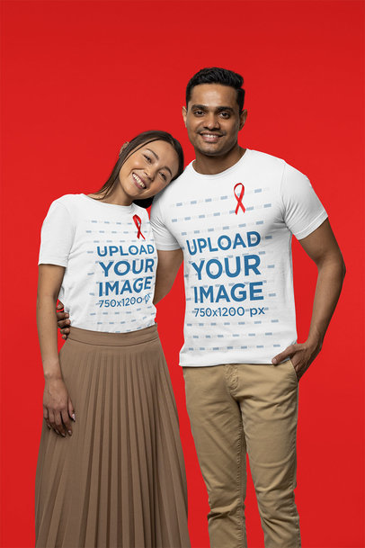 Bella Canvas T-Shirt Mockup of a Happy Couple Showing Their Support for Cancer Awareness Month