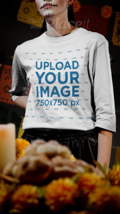 Three-Quarter Sleeve Tee Video of a Woman with Traditional Catrina Makeup for Day of the Dead