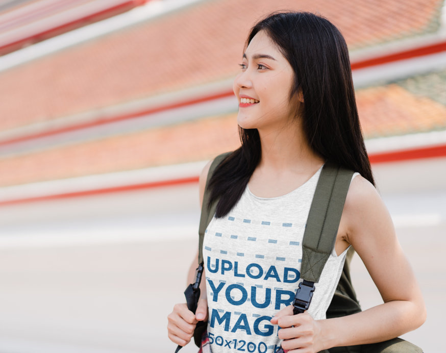 Heathered Tank Top Mockup of a College Student Carrying a Backpack