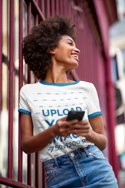 Ringer T-Shirt Mockup Featuring a Joyful Young Woman