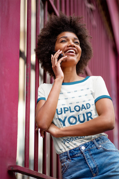 Ringer T-Shirt Mockup Featuring a Happy Woman on the Phone