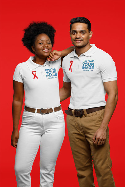 World AIDS Day-Themed  Mockup Featuring a Couple at a Studio Wearing Polo Shirts