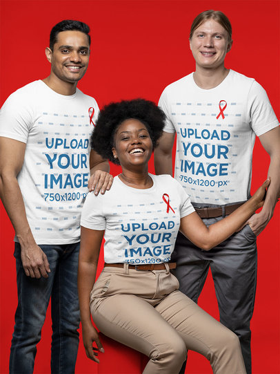 T-Shirt Mockup of a Diverse Group Showing Their Support for the Fight Against AIDS