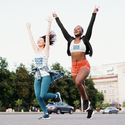 Tank Top and Sports Bra Mockup of Two Women Cheerfully Running