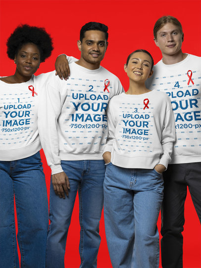 Sweatshirt Mockup of a Group of Friends Wearing Red Ribbons for World AIDS Day