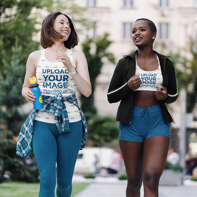 Tank Top and Sports Bra Mockup of Two Women Jogging Together