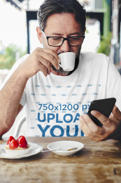 T-Shirt Mockup Featuring a Senior Man Drinking an Espresso 