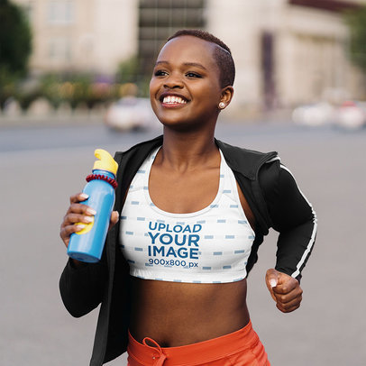 Sports Bra Mockup of a Happy Woman Running a Marathon