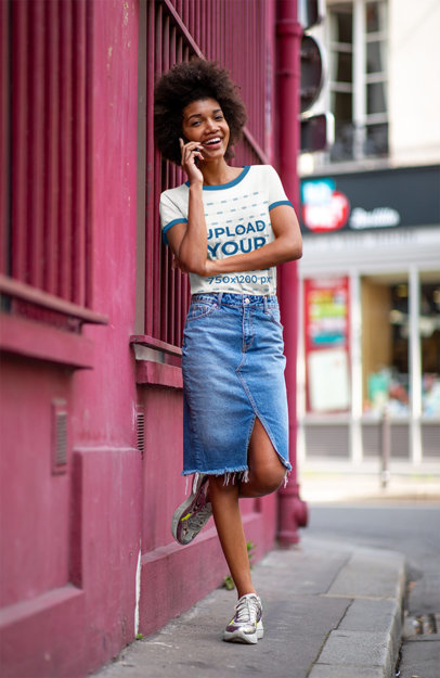 Ringer T-Shirt Mockup of a Happy Woman Talking on the Phone