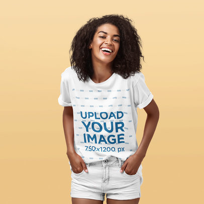 Round-Neck Tee Mockup of a Woman Laughing at a Studio