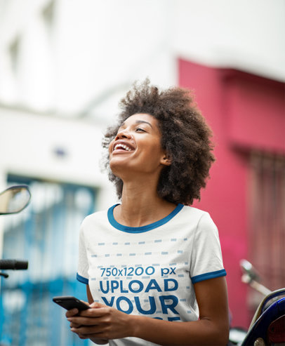 Ringer Tee Mockup Featuring a Smiling Woman with Curly Hair
