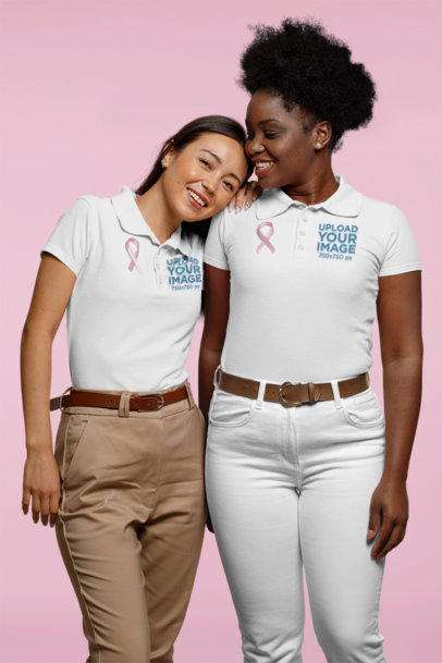 AIDS Awareness-Themed Polo Shirt Mockup Featuring Two Happy Women at a Studio