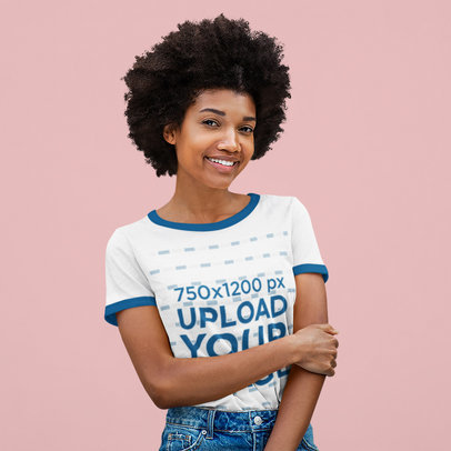 Ringer Tee Mockup of a Young Woman at a Studio