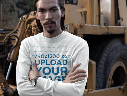 Asian Man wearing a Crewneck Sweatshirt Template While Posing in a Construction Site
