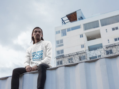 Asian Bearded Man Wearing a Crew Neck Sweatshirt Template While on Top of a Container