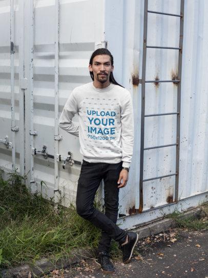 Middle Aged Asian Man Wearing a Crew Neck Sweatshirt Template While Standing Near a Container