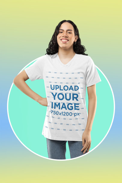 Bella Canvas V-Neck Tee Mockup of a Smiling Woman at a Studio