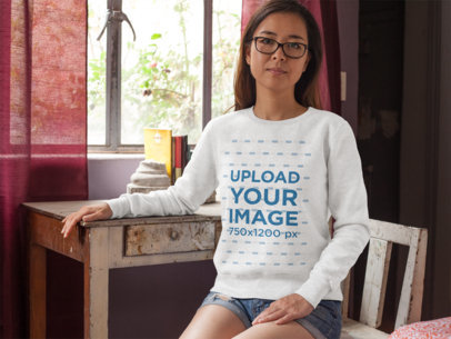 Pretty Girl Wearing a Crewneck Sweatshirt Template Inside her Room a17610