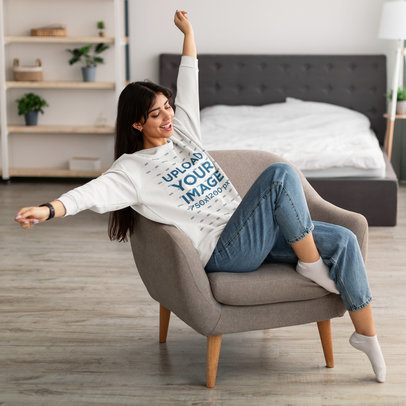 Sweatshirt Mockup of a Woman with Long Hair Stretching at Home