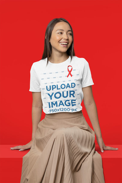 World AIDS Day-Themed Mockup of a Woman in a T-Shirt with a Red Ribbon